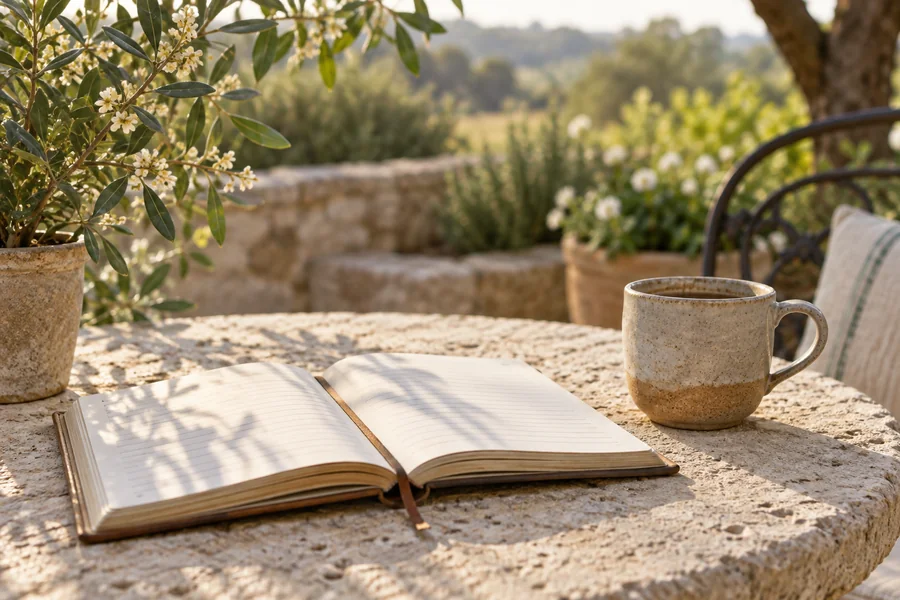 An open journal and cup in a sunlit garden