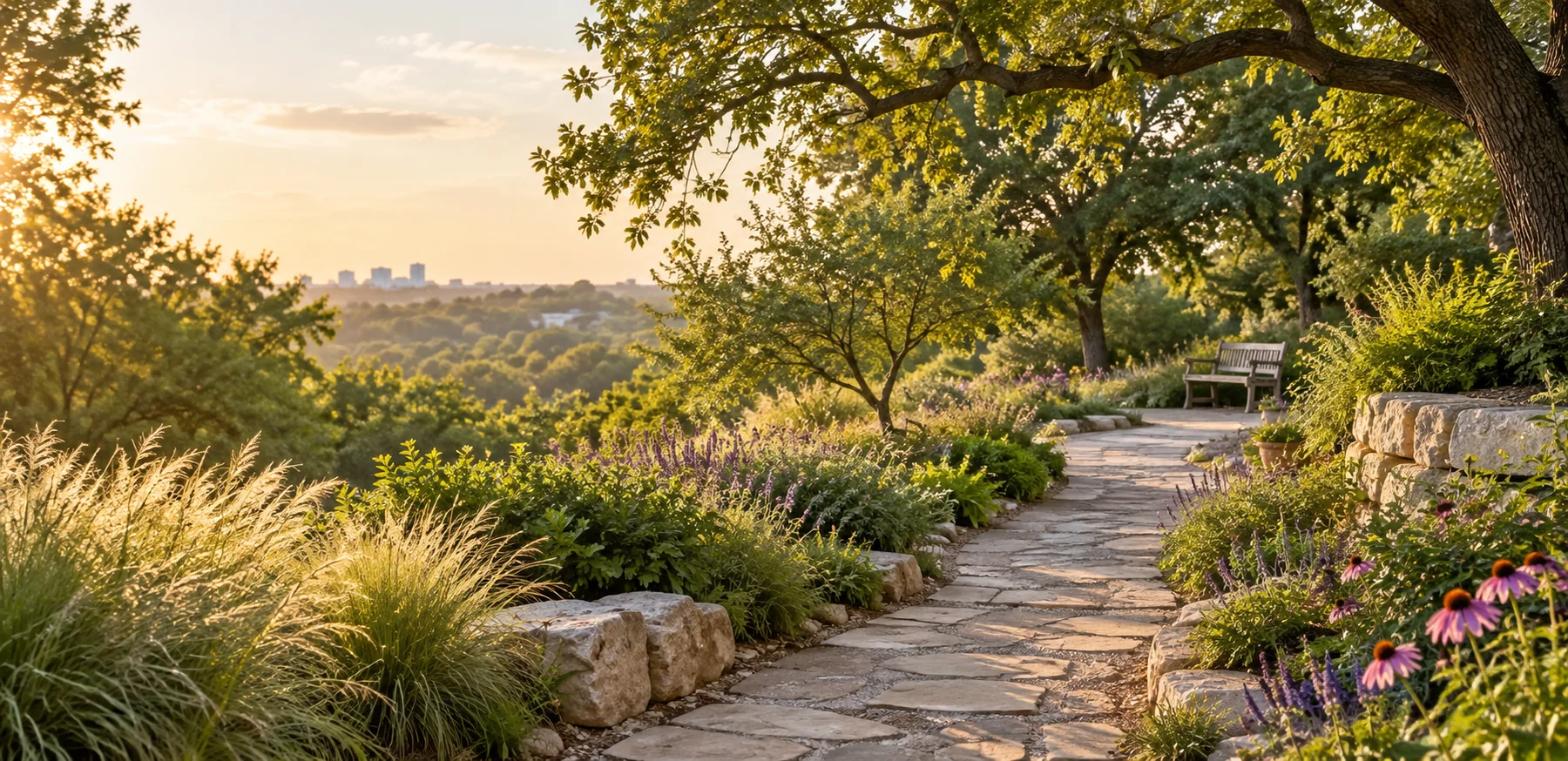 A sunlit stone path winding through a peaceful Texas garden