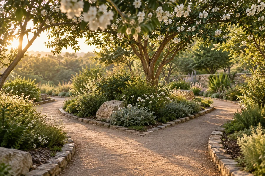 Two garden paths joining beneath flowering trees