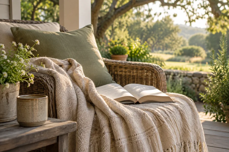 A book and blanket on a shaded garden porch